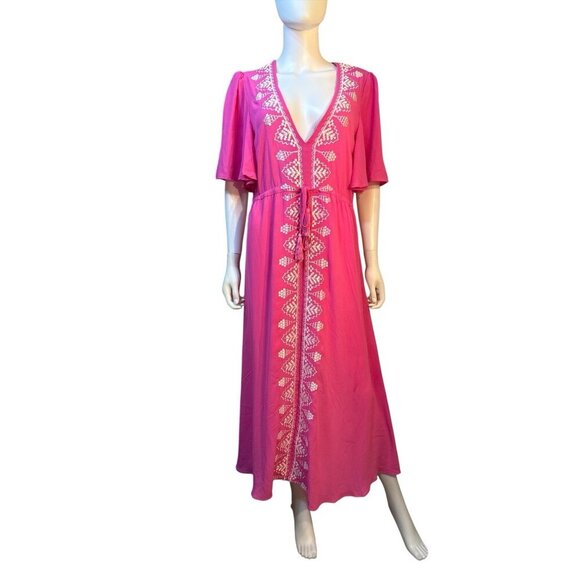 Strut & Bolt NWT Embroidered Tassel Vneck Pink White Maxi Dress Size Large - Picture 1 of 8
